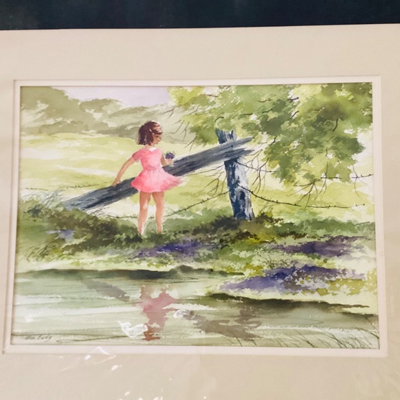 Original Watercolor Painting Little Girl W/Flowers Artist Signed Matted Sealed - Picture 3 of 10